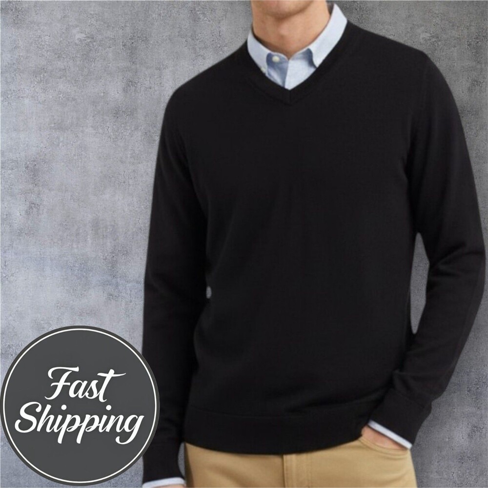 PIOMBO Mens Sweater XXL Extra Fine 100% Merino Wool V Neck Sweater BLACK